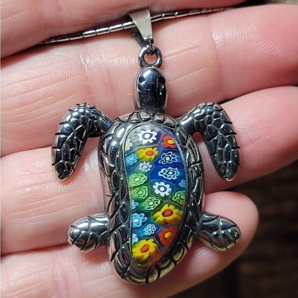 Murano Glass Turtle Stainless Steel Necklace